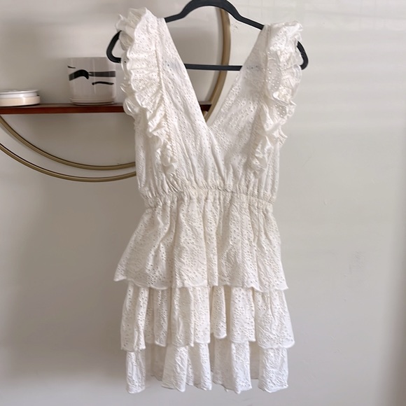 Love the Label Deep V Plunging Neck Ruffle Puff Sleeve 100% Cotton Dress S - Picture 7 of 7